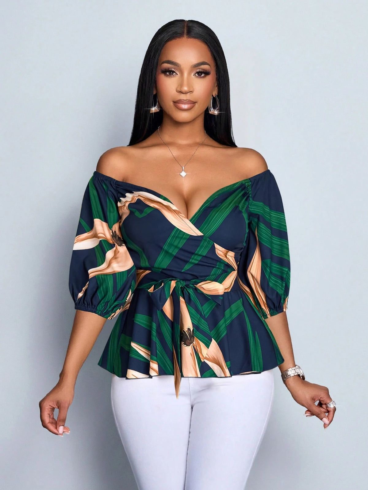 One-Shoulder Elegant Sexy Casual Office Business Bohemian Floral Print Blouse