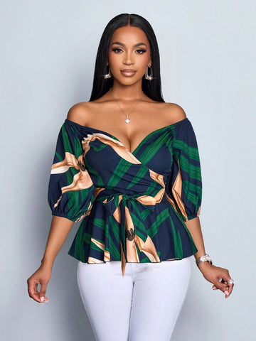 One-Shoulder Elegant Sexy Casual Office Business Bohemian Floral Print Blouse