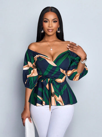 One-Shoulder Elegant Sexy Casual Office Business Bohemian Floral Print Blouse