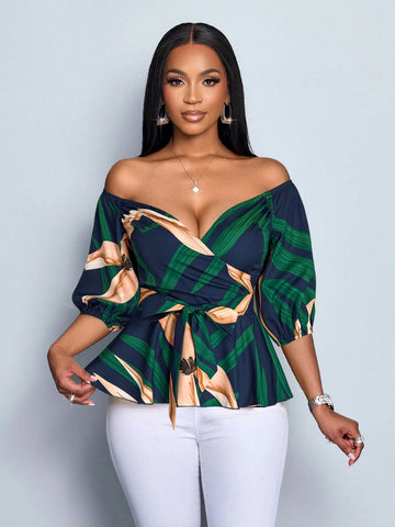 One-Shoulder Elegant Sexy Casual Office Business Bohemian Floral Print Blouse