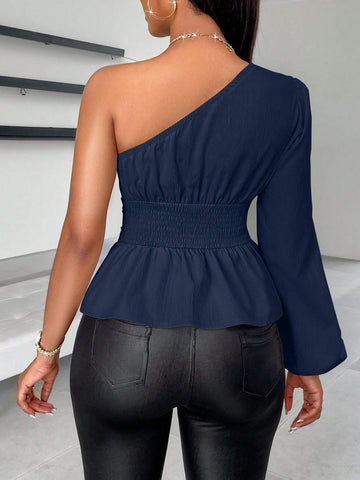 SOLERSUN One Shoulder Solid Ruched Asymmetrical Hem Blouse