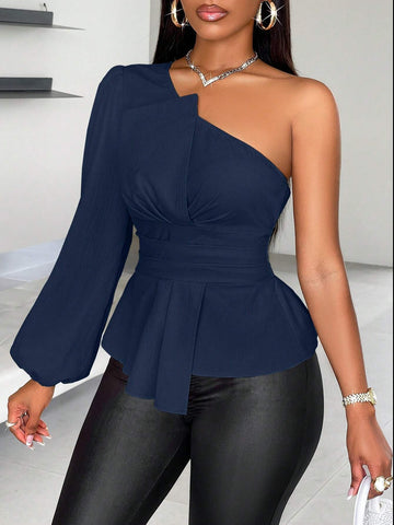 SOLERSUN One Shoulder Solid Ruched Asymmetrical Hem Blouse