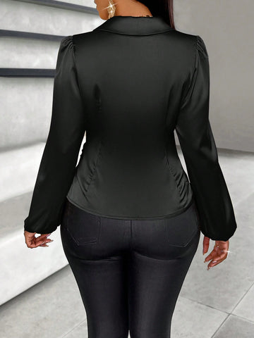 Solid Wrap Lantern Sleeves Detail Satin Blouse