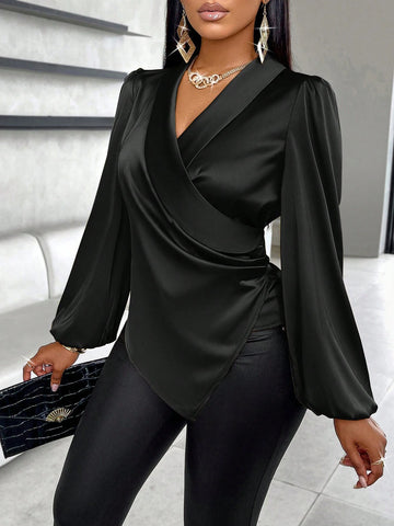 Solid Wrap Lantern Sleeves Detail Satin Blouse