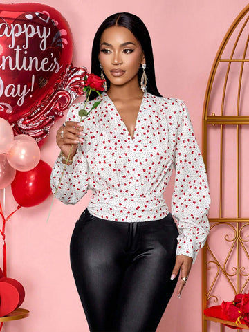 Valentine's Day Heart Allover Print Lantern Sleeve Ruched Waist Shirt