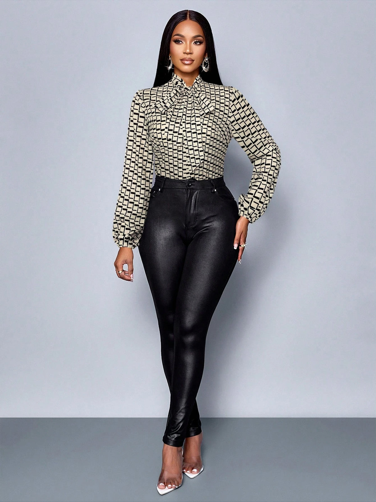 Women's Clothing Black Background Apricot Flower Daytime Elegant Commuting Geometric Print High Collar Stand Collar Tie Bow Long Sleeves Lantern Sleeves Woven Shirt