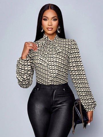 Women's Clothing Black Background Apricot Flower Daytime Elegant Commuting Geometric Print High Collar Stand Collar Tie Bow Long Sleeves Lantern Sleeves Woven Shirt