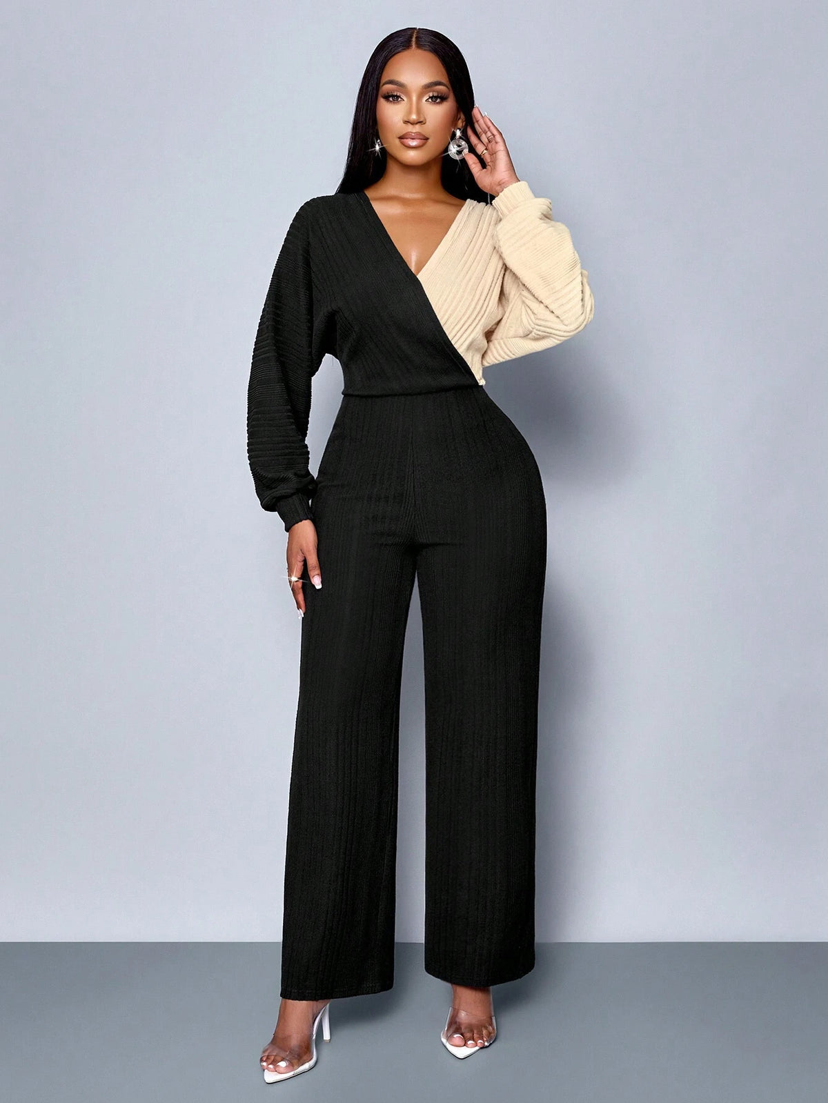 SOLERSUN Winter Clothes For Women Casual Daily Commuting Two Tone Surplice Neck Jumpsuit, Wrap Elegant Long Sleeve Jumpsuit