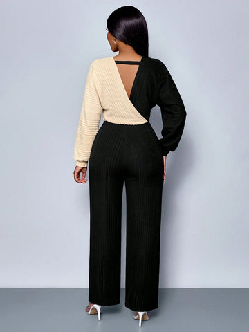 SOLERSUN Winter Clothes For Women Casual Daily Commuting Two Tone Surplice Neck Jumpsuit, Wrap Elegant Long Sleeve Jumpsuit