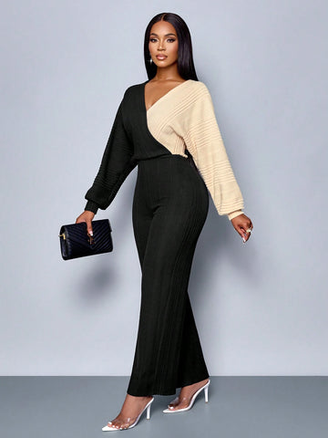 SOLERSUN Winter Clothes For Women Casual Daily Commuting Two Tone Surplice Neck Jumpsuit, Wrap Elegant Long Sleeve Jumpsuit