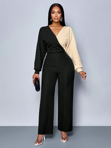 SOLERSUN Winter Clothes For Women Casual Daily Commuting Two Tone Surplice Neck Jumpsuit, Wrap Elegant Long Sleeve Jumpsuit