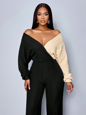 SOLERSUN Winter Clothes For Women Casual Daily Commuting Two Tone Surplice Neck Jumpsuit, Wrap Elegant Long Sleeve Jumpsuit