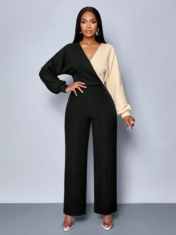 SOLERSUN Winter Clothes For Women Casual Daily Commuting Two Tone Surplice Neck Jumpsuit, Wrap Elegant Long Sleeve Jumpsuit
