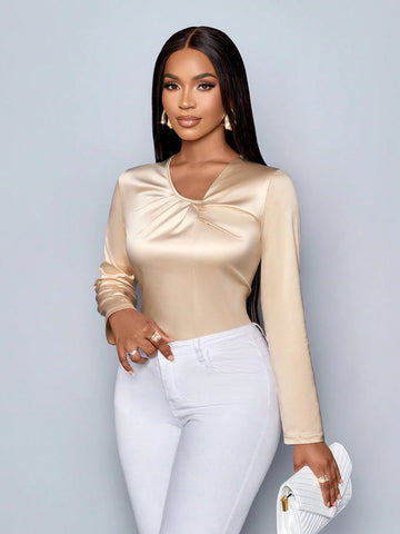 Clothes For Women Elegant Commuting Daytime Daily Apricot Satin V-Neck Neckline Pleated Long-Sleeved Shirt
