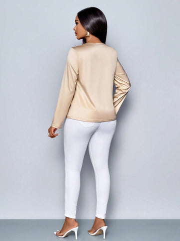 Clothes For Women Elegant Commuting Daytime Daily Apricot Satin V-Neck Neckline Pleated Long-Sleeved Shirt