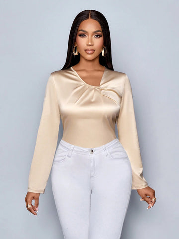 Clothes For Women Elegant Commuting Daytime Daily Apricot Satin V-Neck Neckline Pleated Long-Sleeved Shirt