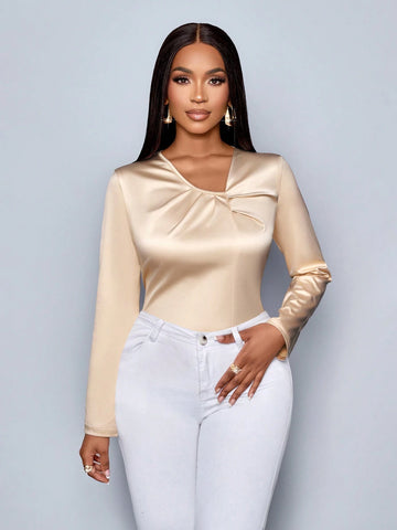 Clothes For Women Elegant Commuting Daytime Daily Apricot Satin V-Neck Neckline Pleated Long-Sleeved Shirt