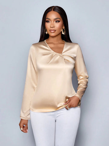 Clothes For Women Elegant Commuting Daytime Daily Apricot Satin V-Neck Neckline Pleated Long-Sleeved Shirt