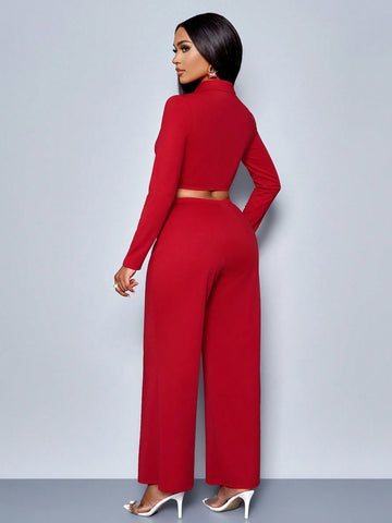 SOLERSUN Winter Clothes For Women Ladies Elegant Ruched,Spring/Summer,Casual Daily Wear Burgundy Red V-Neck Waist-Revealing Button-Front Shirt Jumpsuits,