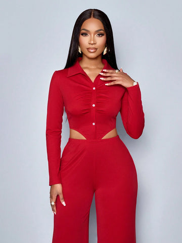 SOLERSUN Winter Clothes For Women Ladies Elegant Ruched,Spring/Summer,Casual Daily Wear Burgundy Red V-Neck Waist-Revealing Button-Front Shirt Jumpsuits,