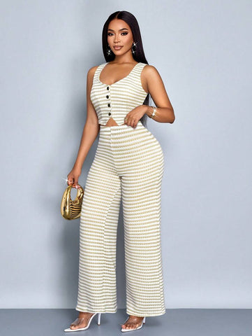 SOLERSUN Women Striped Striped Sleeveless V-Neck Front Button Vest And Pants Set