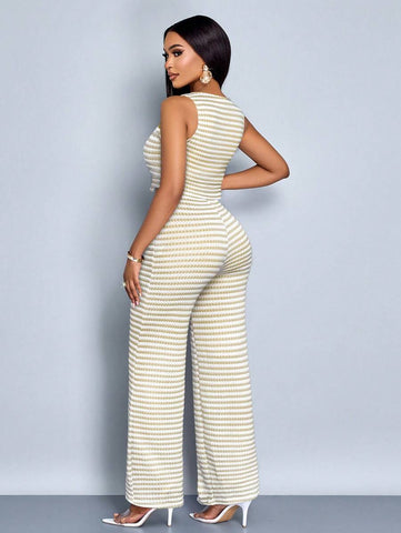 SOLERSUN Women Striped Striped Sleeveless V-Neck Front Button Vest And Pants Set