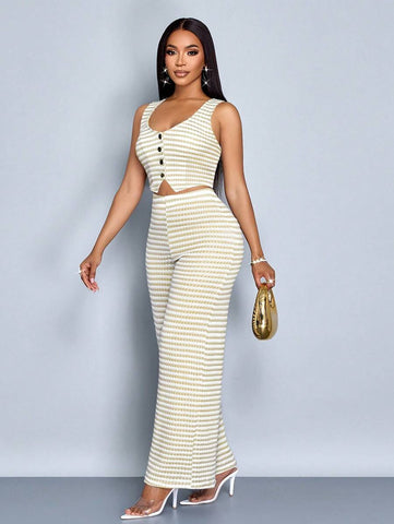 SOLERSUN Women Striped Striped Sleeveless V-Neck Front Button Vest And Pants Set