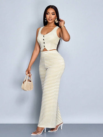 SOLERSUN Women Striped Striped Sleeveless V-Neck Front Button Vest And Pants Set