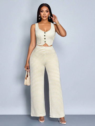 SOLERSUN Women Striped Striped Sleeveless V-Neck Front Button Vest And Pants Set