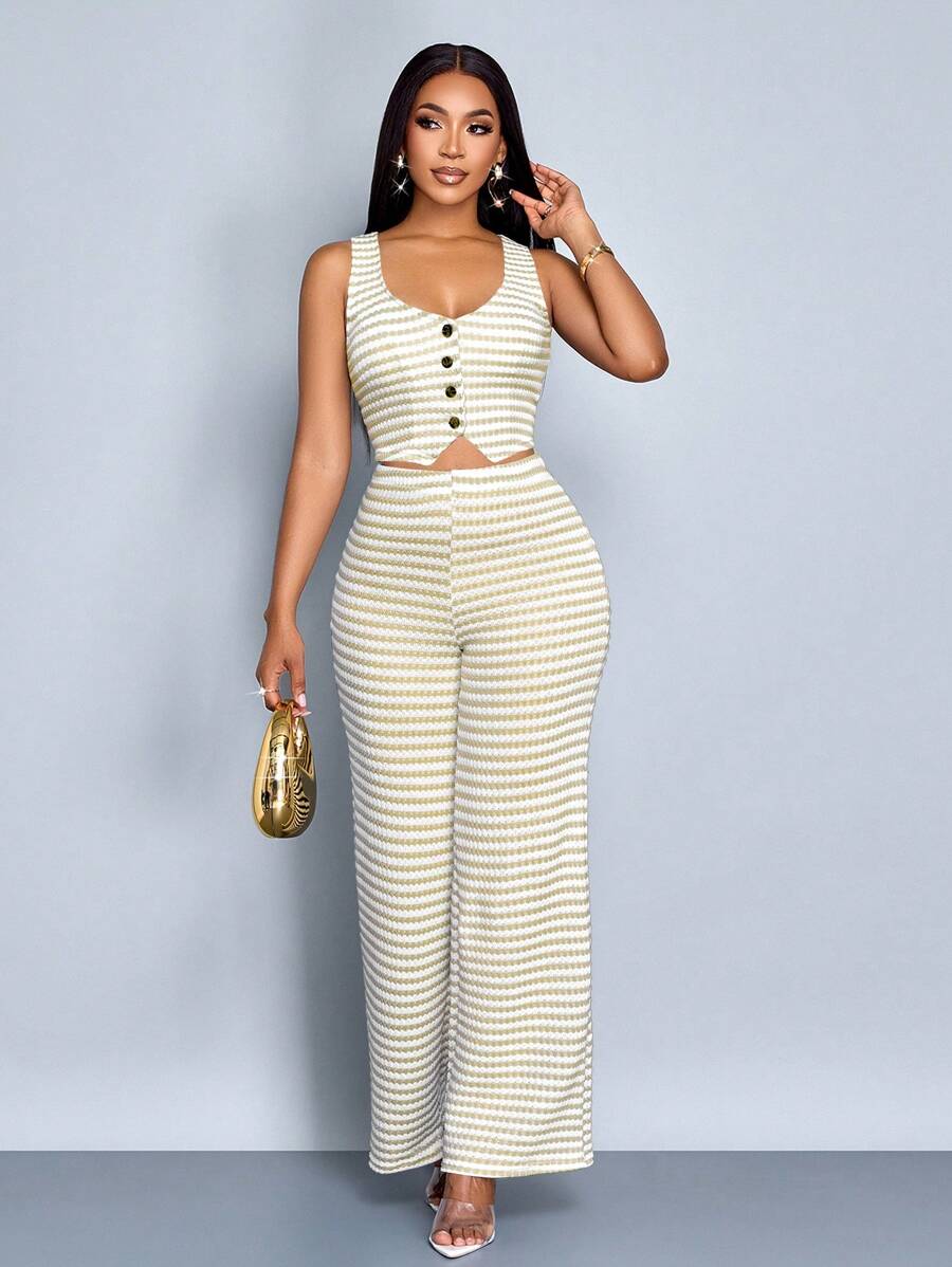 SOLERSUN Women Striped Striped Sleeveless V-Neck Front Button Vest And Pants Set