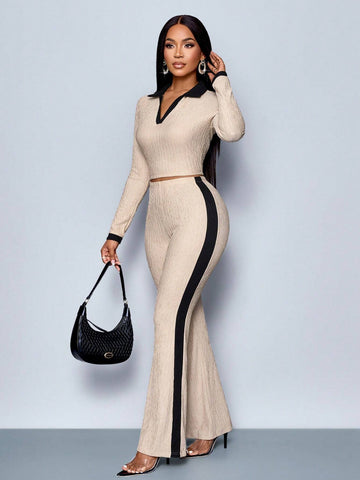 SOLERSUN Women's Casual Color Block Polo Collar Long Sleeve T-Shirt & Flared Pants Women's 2pcs Set