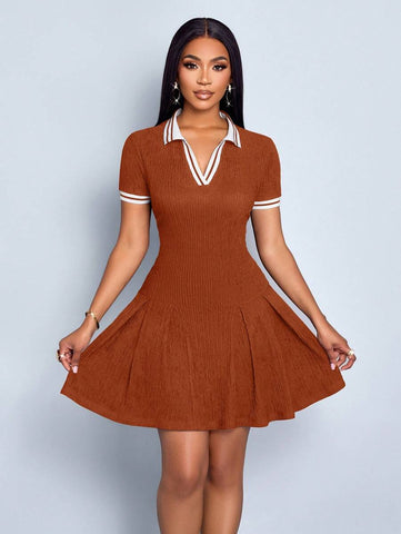 SOLERSUN Women's Elegant And Fashionable Lapel Short Sleeve Dress With Pleated Hem