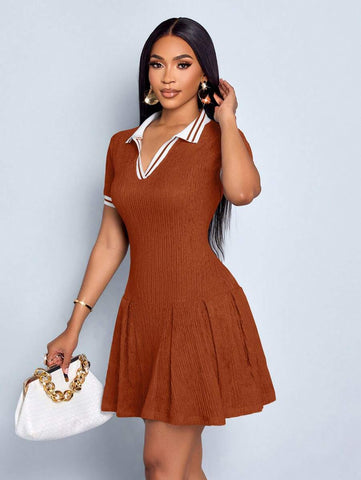 SOLERSUN Women's Elegant And Fashionable Lapel Short Sleeve Dress With Pleated Hem