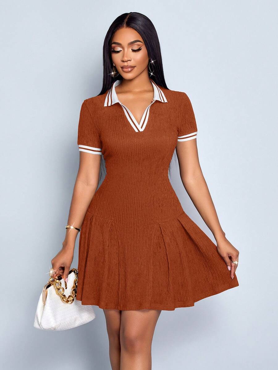 SOLERSUN Women's Elegant And Fashionable Lapel Short Sleeve Dress With Pleated Hem