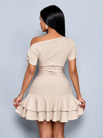 SOLERSUN Women's Elegant Party Daytime Apricot Knitted Asymmetrical Neck Neck Long Sleeves Gathered Double Ruffle Mini Dress