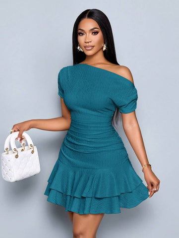 SOLERSUN Women's Elegant Party Daytime Apricot Knitted Asymmetrical Neck Neck Long Sleeves Gathered Double Ruffle Mini Dress