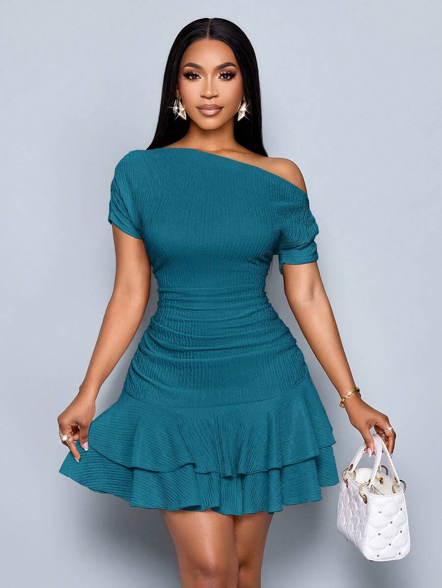 SOLERSUN Women's Elegant Party Daytime Apricot Knitted Asymmetrical Neck Neck Long Sleeves Gathered Double Ruffle Mini Dress