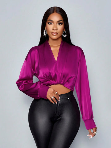 Women's Elegant Solid V Neck Long Sleeve Satin Blouse,Twist Front Tie Blouse