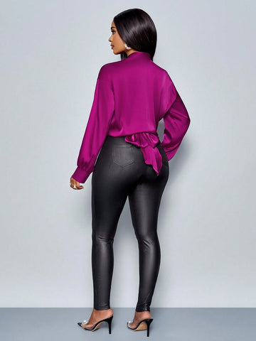 Women's Elegant Solid V Neck Long Sleeve Satin Blouse,Twist Front Tie Blouse