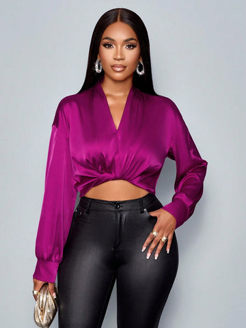 Women's Elegant Solid V Neck Long Sleeve Satin Blouse,Twist Front Tie Blouse