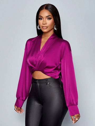 Women's Elegant Solid V Neck Long Sleeve Satin Blouse,Twist Front Tie Blouse