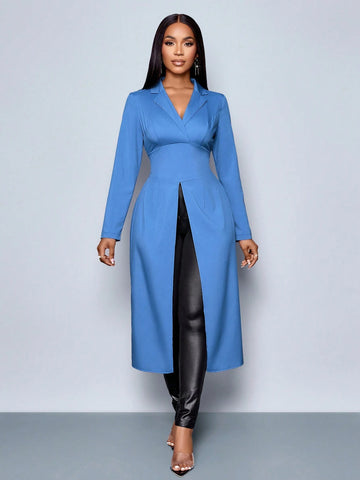 Women's Long Sleeve Blue Color Lapel Neck Elegant Longline Blouse,Winter Clothing,Fall Outfits,Daily Commuting