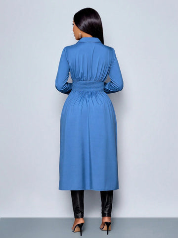 Women's Long Sleeve Blue Color Lapel Neck Elegant Longline Blouse,Winter Clothing,Fall Outfits,Daily Commuting