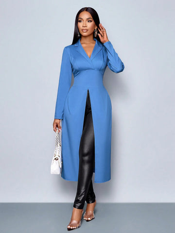 Women's Long Sleeve Blue Color Lapel Neck Elegant Longline Blouse,Winter Clothing,Fall Outfits,Daily Commuting