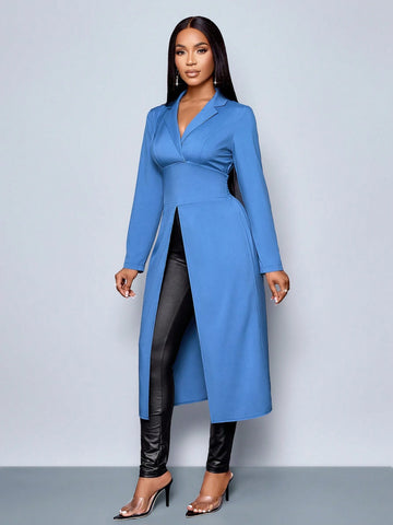 Women's Long Sleeve Blue Color Lapel Neck Elegant Longline Blouse,Winter Clothing,Fall Outfits,Daily Commuting