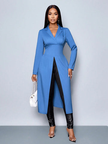 Women's Long Sleeve Blue Color Lapel Neck Elegant Longline Blouse,Winter Clothing,Fall Outfits,Daily Commuting