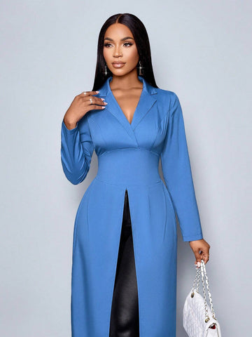 Women's Long Sleeve Blue Color Lapel Neck Elegant Longline Blouse,Winter Clothing,Fall Outfits,Daily Commuting