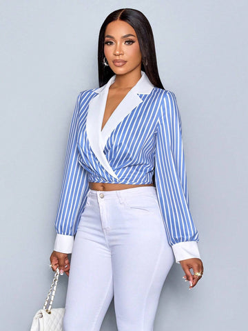Women's Long Sleeve Color Block Striped Commuting Blouse, Blue Striped Print Shirt