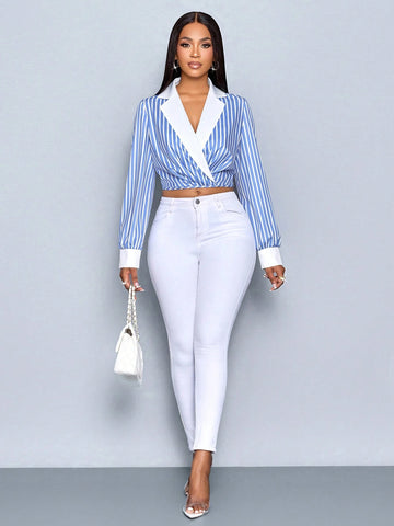 Women's Long Sleeve Color Block Striped Commuting Blouse, Blue Striped Print Shirt