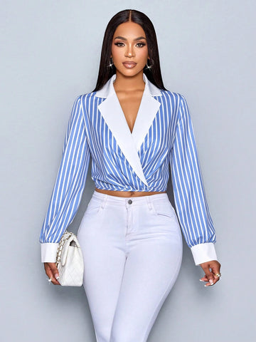 Women's Long Sleeve Color Block Striped Commuting Blouse, Blue Striped Print Shirt
